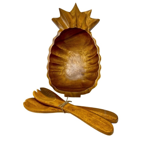 MonkeyPod Wooden Pineapple Dish with Wooden Spoons. Set of Three - Picture 2 of 11